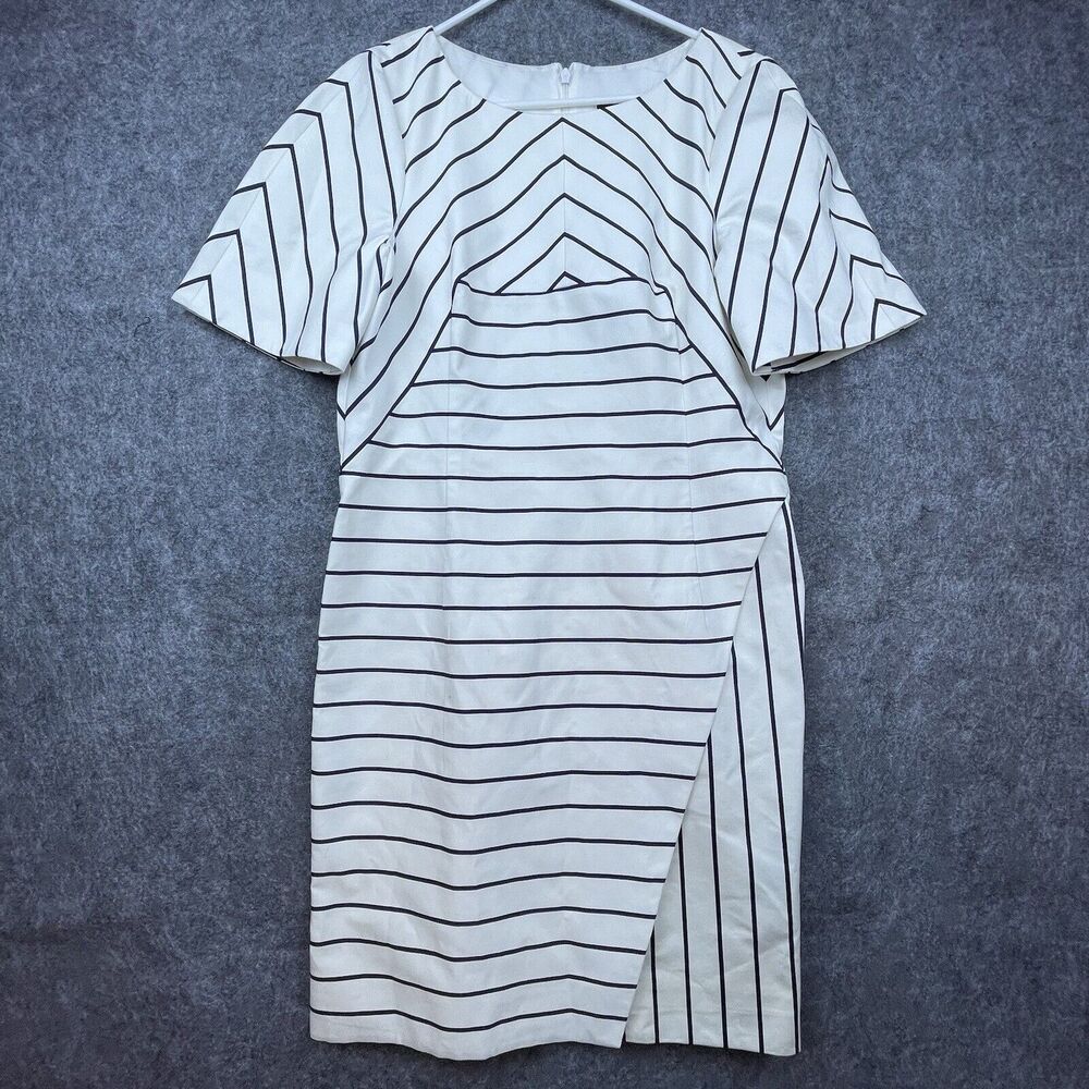 Karen Millen Dress Womens 10 White Navy Striped Nautical Fitted Career‎ Pencil